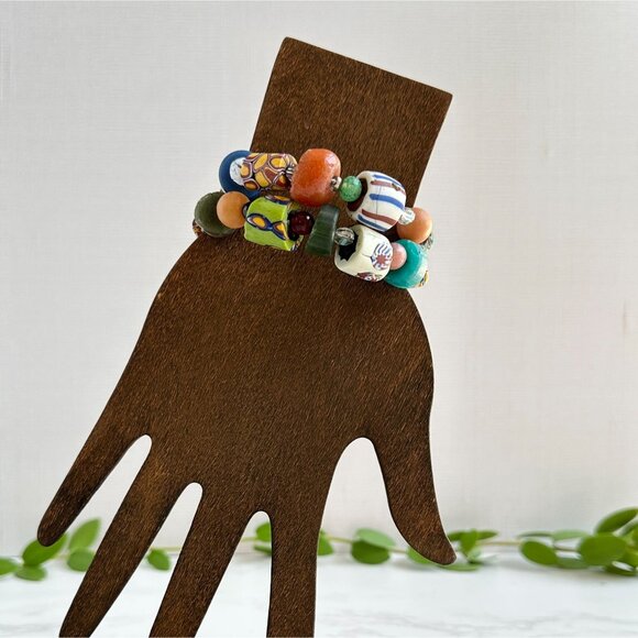 Venetian Millefiori Beads, African Trade Beads, Gemstone Memory Wire Bracelet - Picture 12 of 12